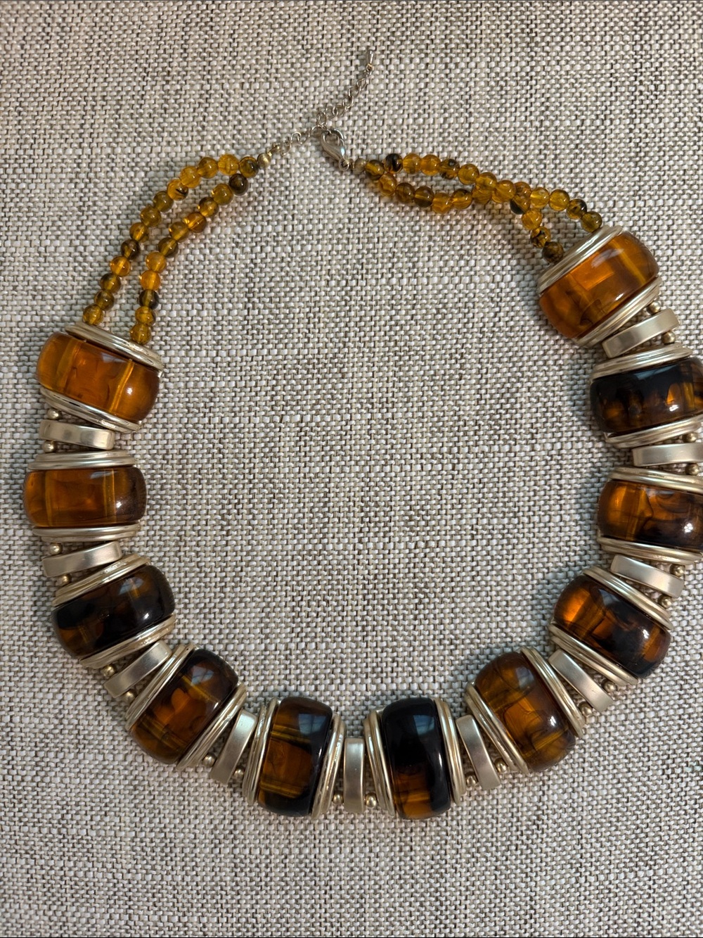 Vintage Stanley Amber Tone Bead Necklace with Silver Accents